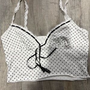 SHEIN White Polka Dot Lace Trim Bralette with Black Dots